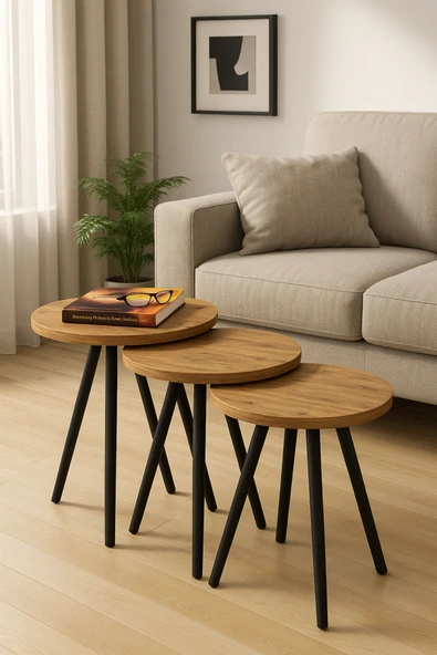 PEKA Çevir Kur Kaliteli Zigon Sehpa Doğal Siyah Ahşap Ayaklı 3 lü Set Yuvarlak Yan Sehpa ürün görseli 1