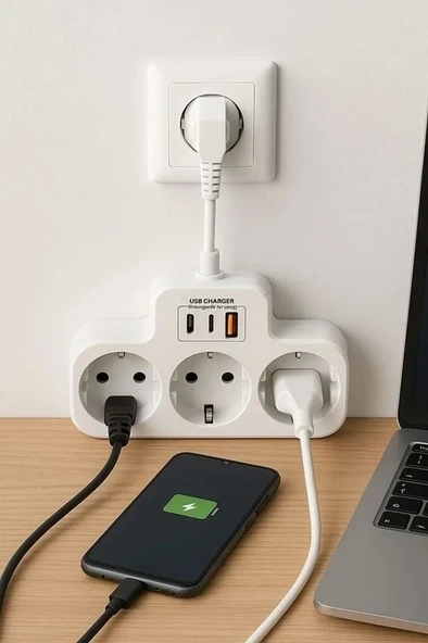 Çoklu Kablolu Priz Yüksek Gerilim Korumalı 3’lü Priz 1x Usb 2x Type-c Çıkışlı Grup Priz Çoğaltıcı Siyah - 4
