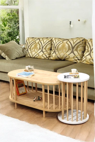 PEKA İkili Set Orta Sehpa Ahşap Ayaklı Sehpa iki Raflı Sehpa Dekoratif Sehpa Gazetelikli - Resim 3