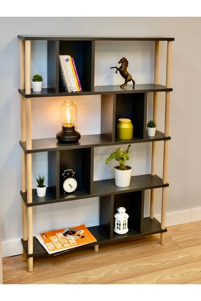 PEKA 5 Raflı Modern Dekoratif Kitaplık Klasörlük Mutfak Rafı Kiler Çok Amaçlı Düzenleyici Raf - Antrasit - Resim 3