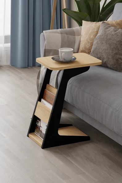 PEKA C Sehpa Metal Ayaklı Koltuk Sehpası Yan Sehpa Zigon Sehpa Servis Sehpası Gazetelikli - Safir Meşe ürün görseli 1