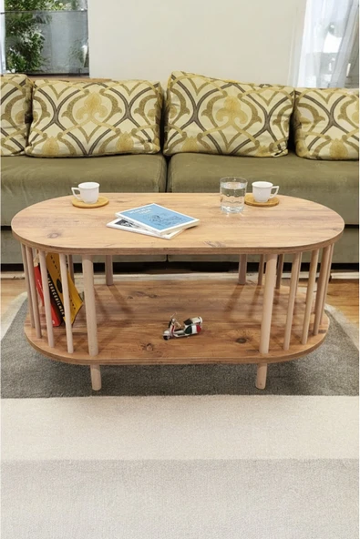 PEKA Orta Sehpa Ahşap Ayaklı Sehpa iki Raflı Sehpa Dekoratif Sehpa Gazetelikli - Resim 3