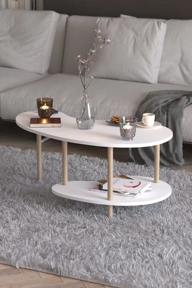 PEKA Fasülye Orta Sehpa Ahşap Ayaklı Sehpa Iki Raflı Sehpa Dekoratif Sehpa Gazetelikli - Beyaz - Resim 2