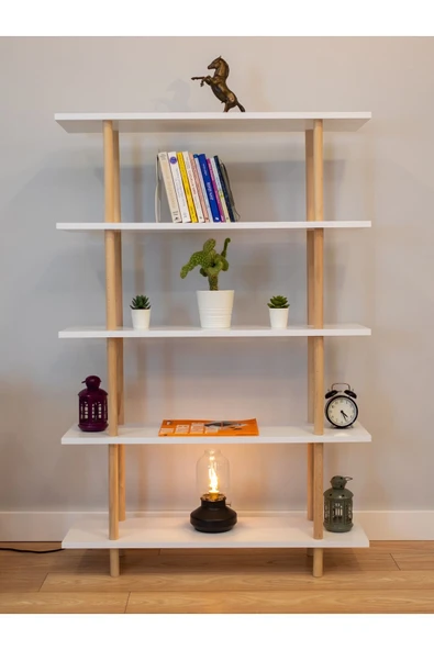 PEKA 5 Raflı Modern Dekoratif Kitaplık Klasörlük Mutfak Rafı Kiler Çok Amaçlı Düzenleyici Raf - Beyaz - Resim 3