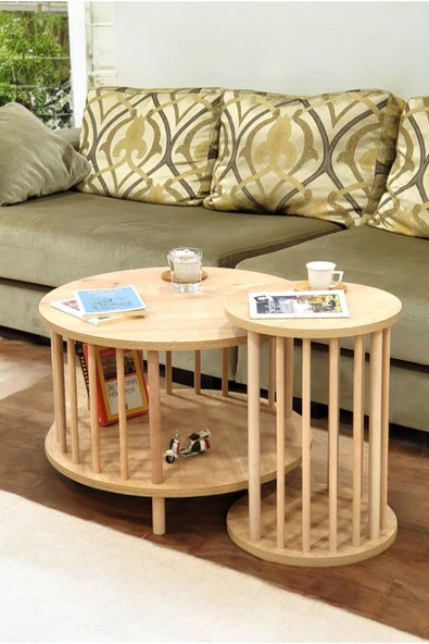 PEKA İkili Set Yuvarlak Orta Sehpa Ahşap Ayaklı Sehpa Iki Raflı Sehpa Dekoratif Sehpa Gazetelikli ürün görseli 1