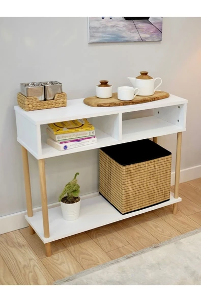 PEKA Ahşap Ayaklı Dresuar Dekoratif Raflı Kahve Köşesi Konsol Modern Çok Amaçlı Raf - Beyaz ürün görseli