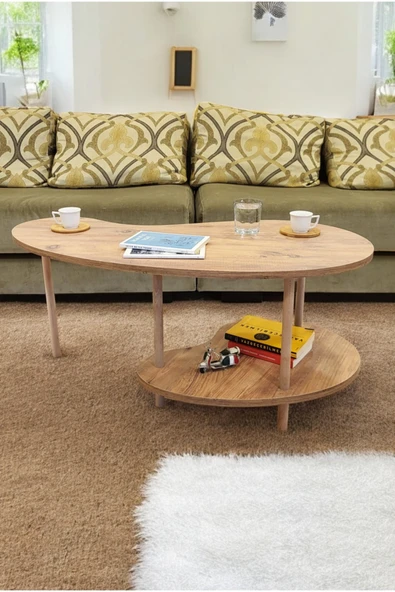 PEKA Fasülye Orta Sehpa Ahşap Ayaklı Sehpa Iki Raflı Sehpa Dekoratif Sehpa Gazetelikli - Çam - Resim 4