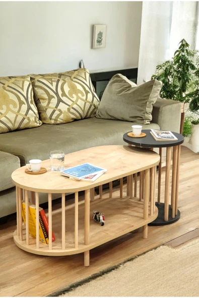 PEKA İkili Set Orta Sehpa Ahşap Ayaklı Sehpa iki Raflı Sehpa Dekoratif Sehpa Gazetelikli ürün görseli 1