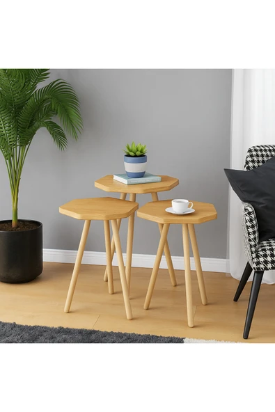 PEKA Zigon Sehpa Doğal Ahşap Ayaklı 3’lü Set Altıgen ürün görseli 1