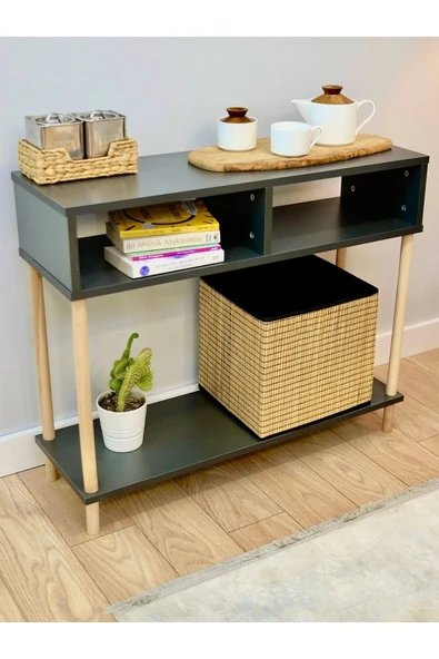 PEKA Ahşap Ayaklı Dresuar Dekoratif Raflı Kahve Köşesi Konsol Modern Çok Amaçlı Raf - Antrasit ürün görseli