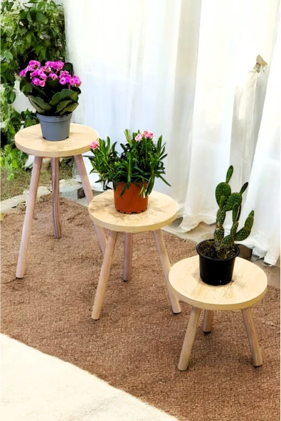 PEKA Ahşap Ayaklı 3’lü Saksılık Dekoratif Raf Çiçeklik Saksı Çiçek Standı - Resim 4