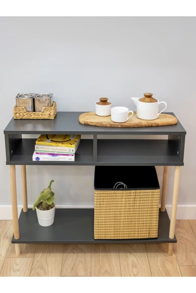 PEKA Ahşap Ayaklı Dresuar Dekoratif Raflı Kahve Köşesi Konsol Modern Çok Amaçlı Raf - Antrasit - Resim 4