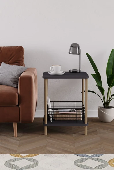 PEKA Yan Sehpa Geniş Metal Sepetli Sehpa Gazetelik Kitaplık Çiçeklik Komodin - Antrasit - Resim 2