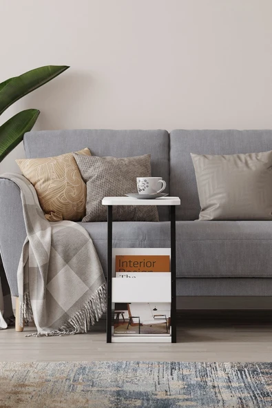 PEKA C Sehpa Metal Ayaklı Koltuk Sehpası Yan Sehpa Zigon Sehpa Servis Sehpası Gazetelikli - Beyaz - Resim 3