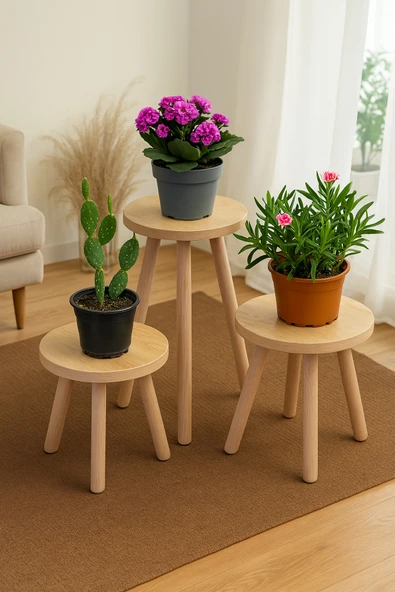 PEKA Ahşap Ayaklı 3’lü Saksılık Dekoratif Raf Çiçeklik Saksı Çiçek Standı ürün görseli 1