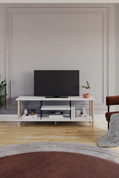PEKA Tv Sehpası Raflı Tv Ünitesi Televizyon Sehpası Ahşap Ayaklı Metal Bölmeli - Beyaz - Resim 2