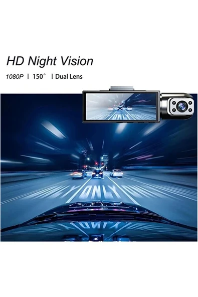 Çift Kameralı Araç Içi Kamera 1080P Full Hd, Gece Görüşü, G-Sensör, Park Modu, 3.16” Ekran - 4