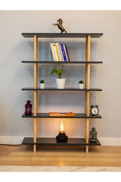 PEKA 5 Raflı Modern Dekoratif Kitaplık Klasörlük Mutfak Rafı Kiler Çok Amaçlı Düzenleyici Raf - Antrasit - Resim 4