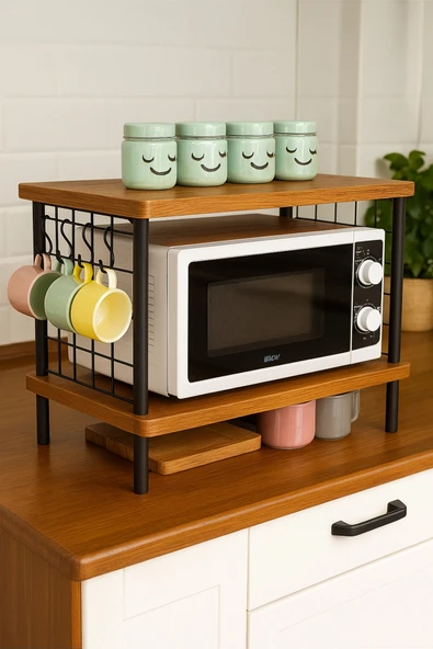 PEKA Huzurlu Mutfak Rafı Mikrodalga Rafı Tezgah Üstü Raf Baharatlık 2 Raflı Düzenleyici Kanca Hediyeli - Resim 2