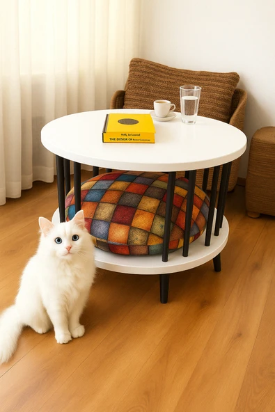 PEKA Çevir Kur Kedi Yuvalı Yuvarlak Orta Sehpa Ahşap Ayaklı Iki Raflı Dekoratif Sehpa ürün görseli 1