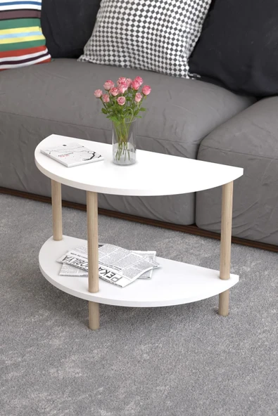 PEKA Yarım Daire Orta Sehpa Ahşap Ayaklı Sehpa Iki Raflı Sehpa Dekoratif Sehpa Gazetelikli - Beyaz - Resim 2