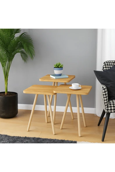 PEKA Zigon Sehpa Doğal Ahşap Ayaklı 3’lü Set Kare ürün görseli 1