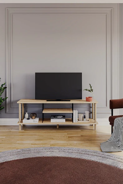 PEKA Tv Sehpası Raflı Tv Ünitesi Televizyon Sehpası Ahşap Ayaklı Metal Bölmeli - Safir Meşe - Resim 2
