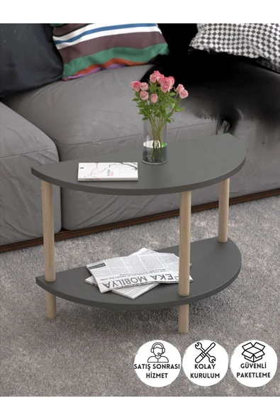 PEKA Yarım Daire Orta Sehpa Ahşap Ayaklı Sehpa Iki Raflı Sehpa Dekoratif Sehpa Gazetelikli- Antrasit ürün görseli 1