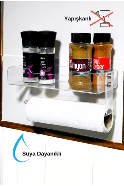 HomeSide Yapışkanlı Baharatlık ve Kağıt Havluluk Şık Plexiglass – Duvara Monte Mutfak Rafı - 1