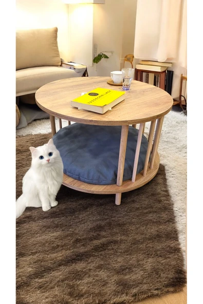 PEKA Kedi Köpek Yuvalı Yuvarlak Orta Sehpa Ahşap Ayaklı Sehpa Iki Raflı Sehpa Dekoratif Sehpa Gazetelikli - 1