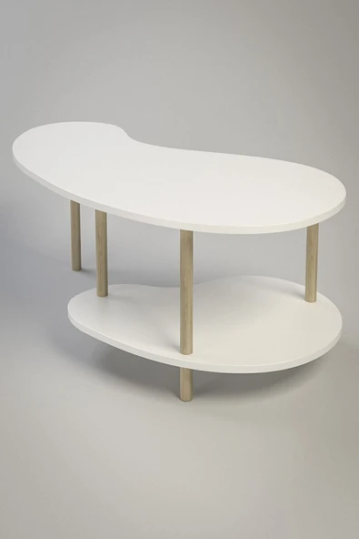 PEKA Fasülye Orta Sehpa Ahşap Ayaklı Sehpa Iki Raflı Sehpa Dekoratif Sehpa Gazetelikli - Beyaz - Resim 4