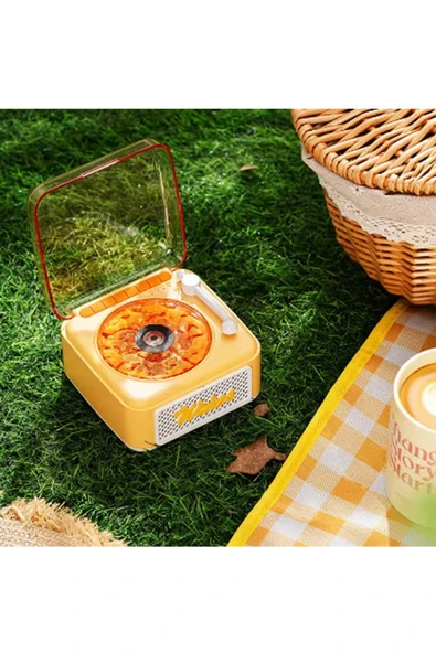 Nostalji Mini Plak Görünümlü Radyolu Bluetooth Hoparlör 3d Ses Dalgası Retro Müzik Plak Sarı - 4
