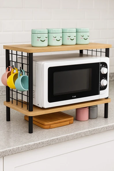 PEKA Huzurlu Mutfak Rafı Mikrodalga Rafı Tezgah Üstü Raf Baharatlık 2 Raflı Düzenleyici Kanca Hediyeli ürün görseli