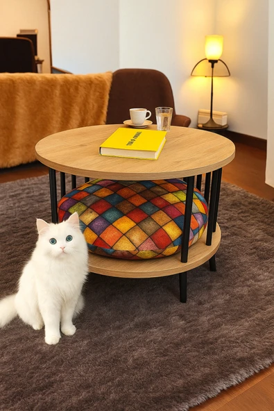 PEKA Çevir Kur Kedi Yuvalı Yuvarlak Orta Sehpa Ahşap Ayaklı Iki Raflı Dekoratif Sehpa ürün görseli 1