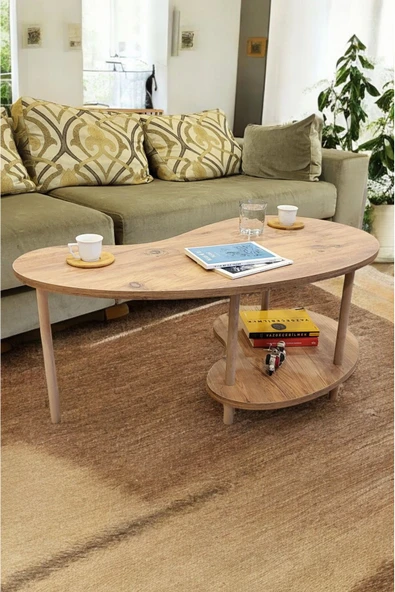 PEKA Fasülye Orta Sehpa Ahşap Ayaklı Sehpa Iki Raflı Sehpa Dekoratif Sehpa Gazetelikli - Çam ürün görseli 1