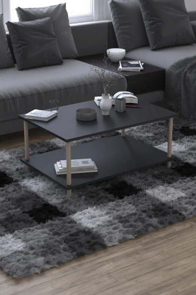 PEKA Dikdörgen Orta Sehpa Ahşap Ayaklı Sehpa Iki Raflı Sehpa Dekoratif Sehpa Gazetelikli-antrasit-90x60 - Resim 2