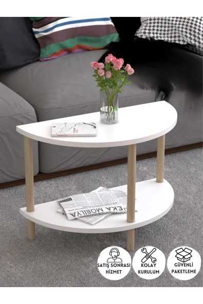 PEKA Yarım Daire Orta Sehpa Ahşap Ayaklı Sehpa Iki Raflı Sehpa Dekoratif Sehpa Gazetelikli - Beyaz ürün görseli 1