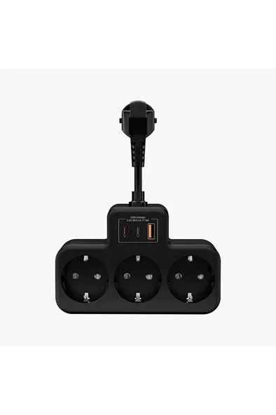 Çoklu Kablolu Priz Yüksek Gerilim Korumalı 3’lü Priz 1x Usb 2x Type-c Çıkışlı Grup Priz Çoğaltıcı Siyah - 1