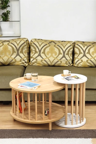 PEKA İkili Set Yuvarlak Orta Sehpa Ahşap Ayaklı Sehpa Iki Raflı Sehpa Dekoratif Sehpa Gazetelikli - Resim 2