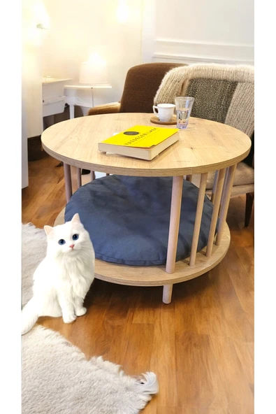PEKA Kedi Köpek Yuvalı Yuvarlak Orta Sehpa Ahşap Ayaklı Sehpa Iki Raflı Sehpa Dekoratif Sehpa Gazetelikli ürün görseli 1