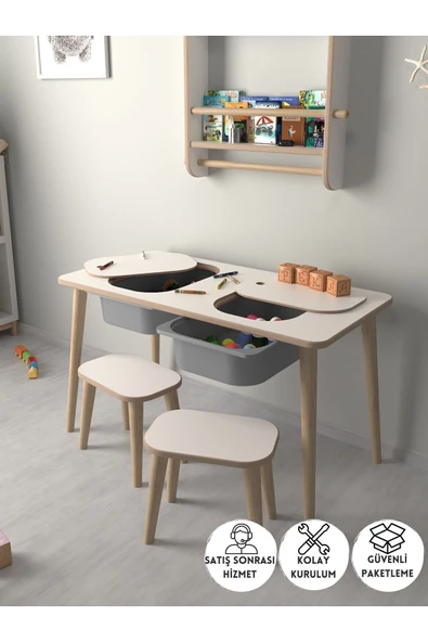 PEKA Çocuk Oyun Ve Aktivite Masası - 2 Tabure - Gri Sepetli ürün görseli 1