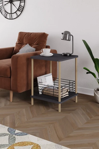 PEKA Yan Sehpa Geniş Metal Sepetli Sehpa Gazetelik Kitaplık Çiçeklik Komodin - Antrasit - Resim 3