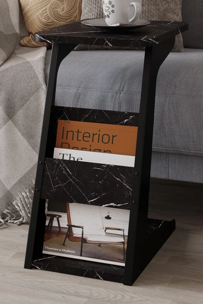 PEKA C Sehpa Metal Ayaklı Koltuk Sehpası Yan Sehpa Zigon Sehpa Servis Sehpası - Siyah Mermer - Resim 2