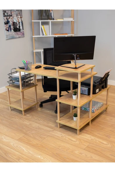 PEKA Çalışma Masası 5 Raflı Ahşap Ayaklı Dekoratif Modern Bilgisayar Ofis Masası - Safir Meşe-köşe - Resim 4