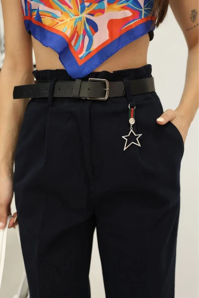 Aksesuar Detaylı Pileli Gabardin Kumaş Pantolon 5807-Lacivert - Resim 6