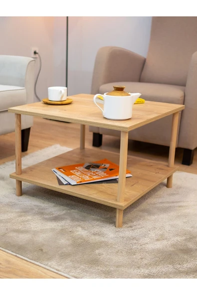 PEKA Kare Orta Sehpa Ahşap Ayaklı Sehpa Iki Raflı Sehpa Dekoratif Sehpa Gazetelikli - Safir Meşe-60x60 - Resim 3