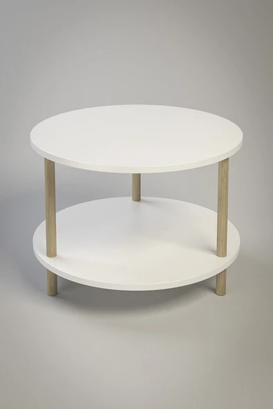 PEKA Yuvarlak Orta Sehpa Ahşap Ayaklı Sehpa Iki Raflı Sehpa Dekoratif Sehpa Gazetelikli - Beyaz - 60cm - Resim 3