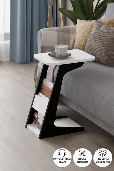 PEKA C Sehpa Metal Ayaklı Koltuk Sehpası Yan Sehpa Zigon Sehpa Servis Sehpası Gazetelikli - Beyaz ürün görseli 1