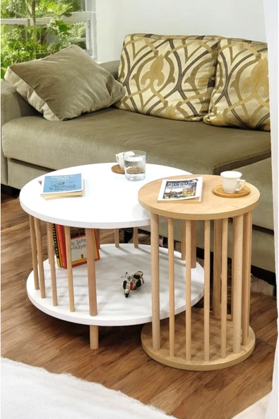 PEKA İkili Set Yuvarlak Orta Sehpa Ahşap Ayaklı Sehpa Iki Raflı Sehpa Dekoratif Sehpa Gazetelikli - Resim 3