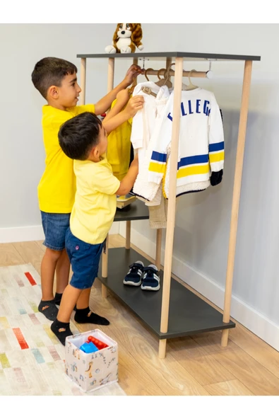 PEKA Ahşap Ayaklı Portmanto Ayaklı Elbise Askısı Ve Konfeksiyon Askılık Elbise Dolabı, Dolap - Safir Meşe - 3